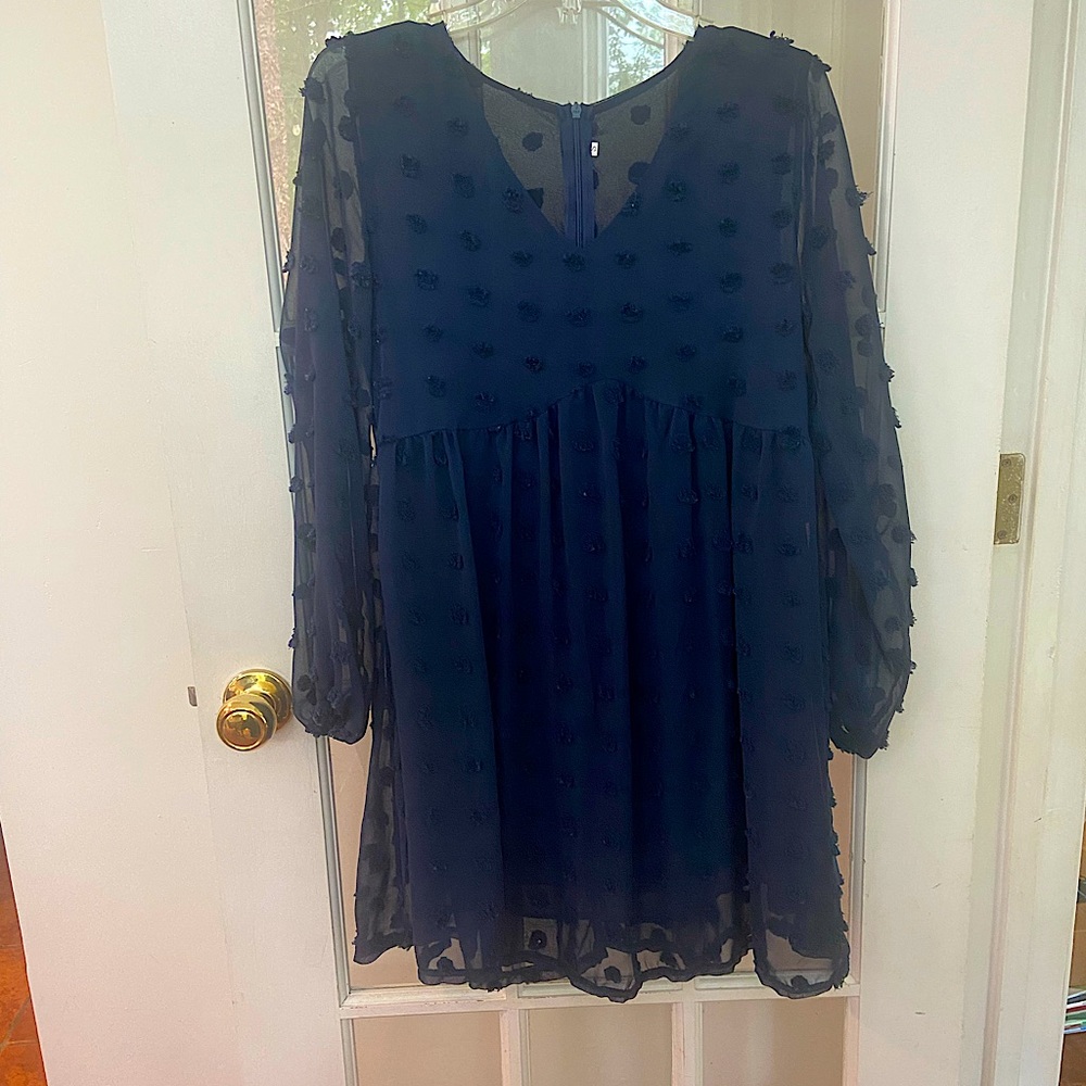 Navy sheer layers, boutique dress. Small. Never worn.